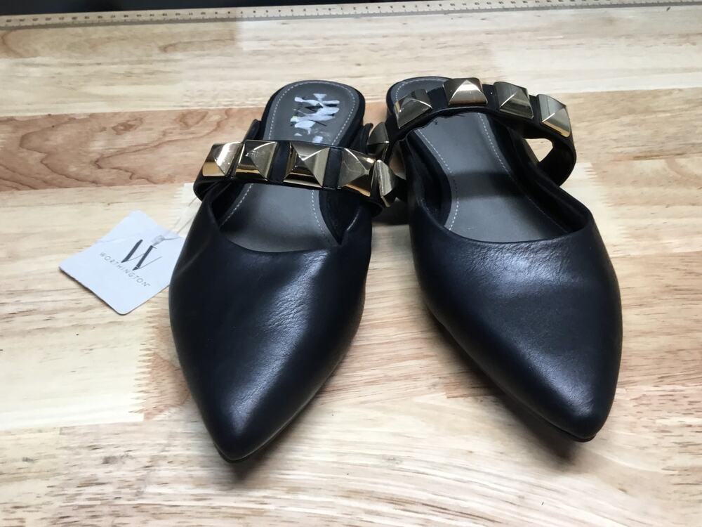 Worthington Women's 8.5 Black Leather Studded Pointed Toe Classic Slip-On Mules